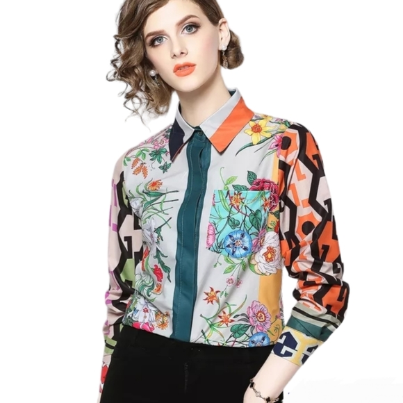 Zinga Tops - Long Sleeve Floral Colorblock Blouse